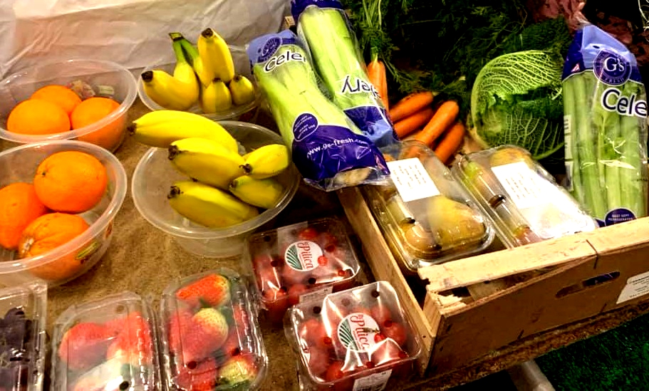 fruit and vegetables at the flower stall